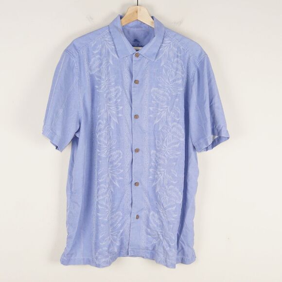 Tommy Bahama Blue 100% Silk Floral Short Sleeve Relaxed Button Camp Shirt Sz XL - Picture 1 of 9